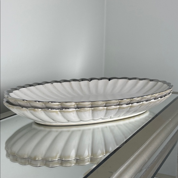 Homegoods White Ceramic Serving Platters-Scalloped Edge & Silver Rim (Set of 2) - Picture 8 of 11